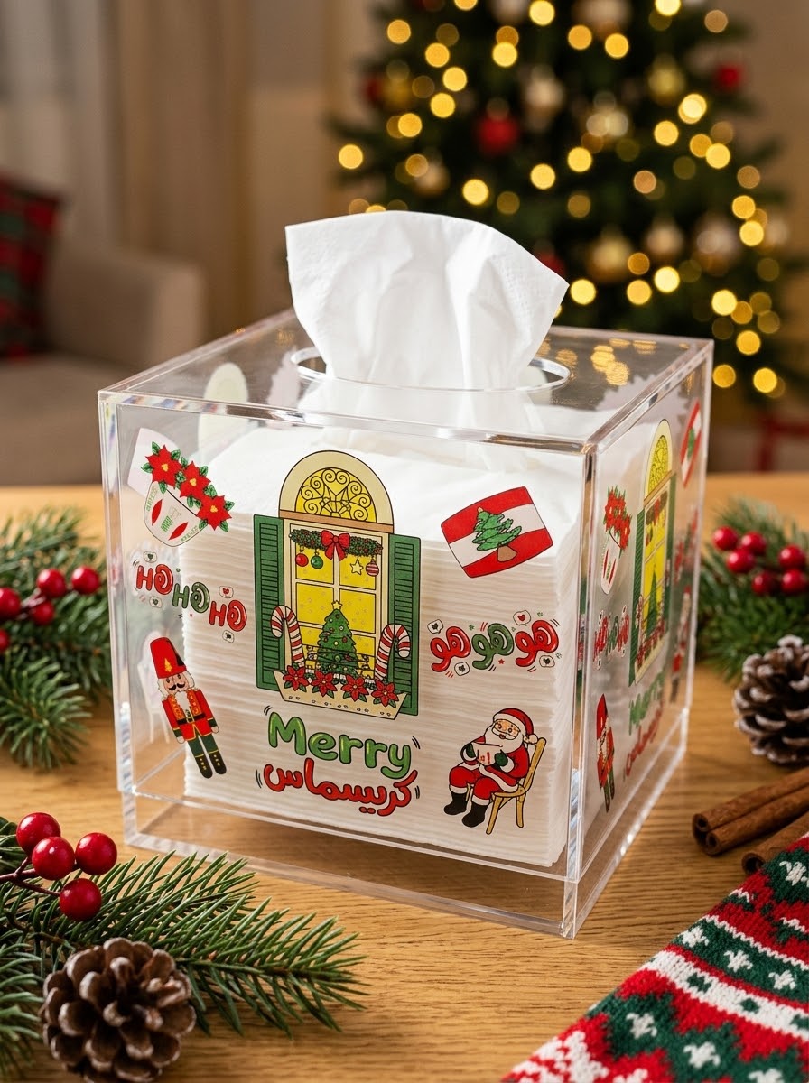 Clear acrylic Christmas tissue box holder with Lebanese cedar flag and Arabic holiday artwork