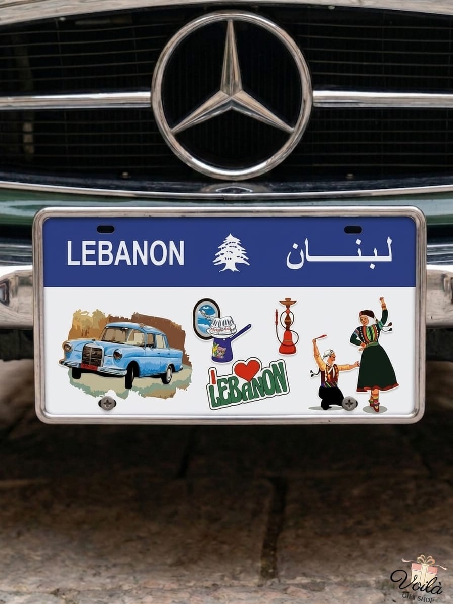 Decorative Lebanese license plate on a classic car, featuring cultural icons