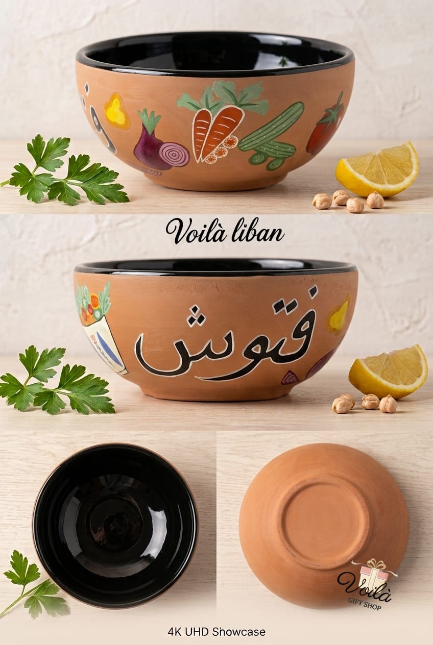 Hand-painted Lebanese terracotta bowl for Fattoush salad with Arabic calligraphy