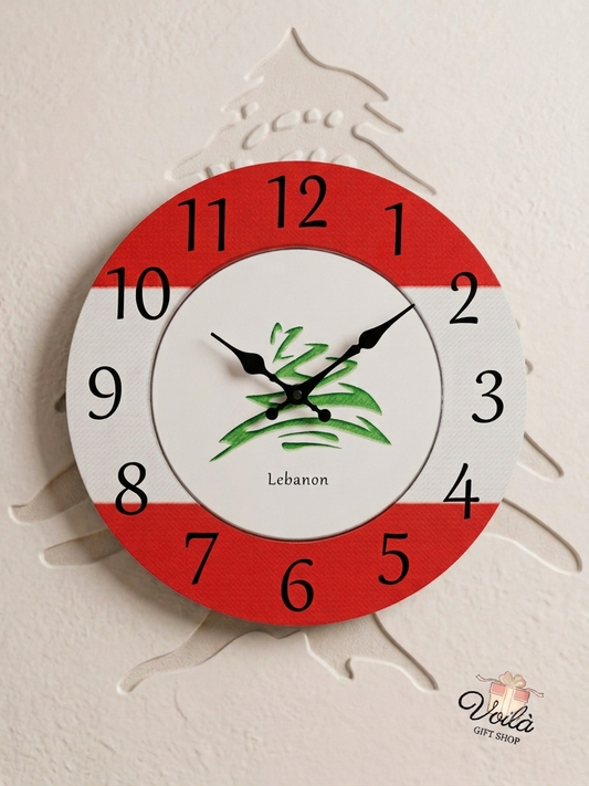 25cm wall clock featuring the Lebanese flag and a green cedar tree