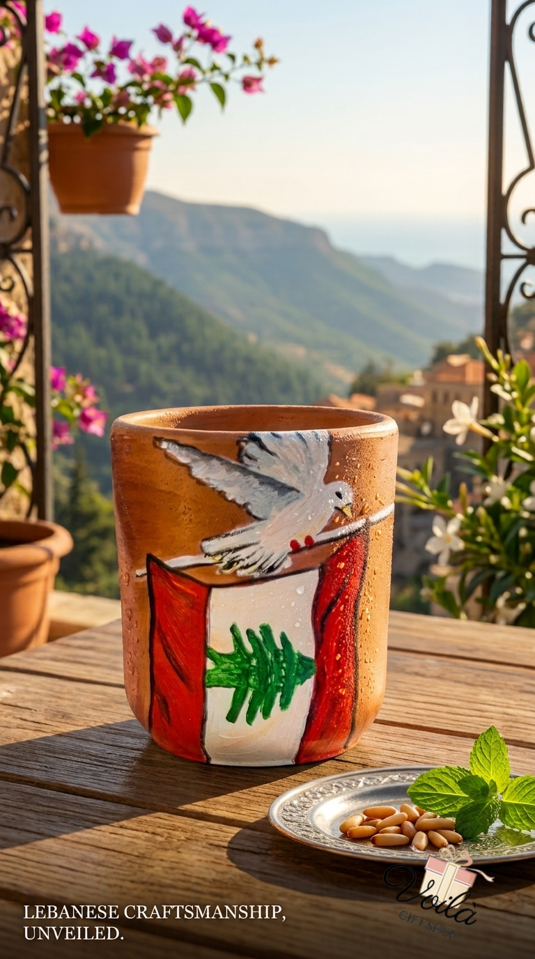 Hand-painted Lebanese flag terracotta mug on a wooden table overlooking Lebanese mountains