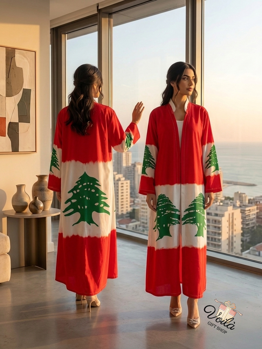 Two women modeling the red and white Lebanese flag kaftan with the green cedar tree design