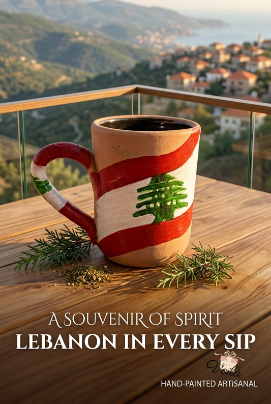 Hand-painted terracotta mug featuring the Lebanese flag and cedar tree on a wooden table