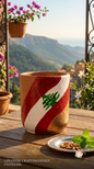Hand-painted Lebanese flag terracotta mug on a wooden table overlooking Lebanese mountains