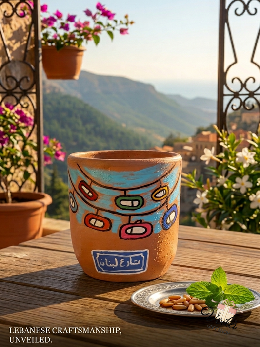 Hand-painted Lebanese terracotta mug with Teleferique design on a wooden table overlooking Lebanese mountains