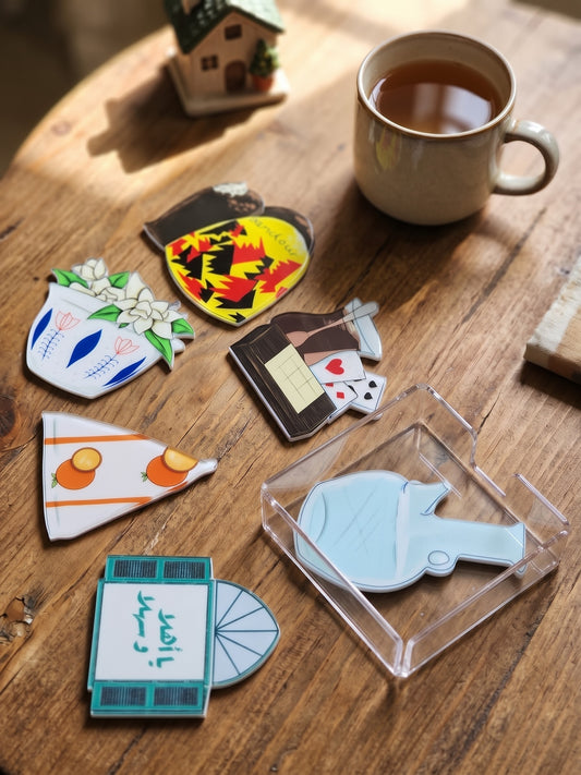Lebanese heritage acrylic coasters featuring traditional window, coffee cup, and ibrik designs
