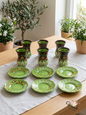 Hand-painted green traditional Lebanese ceramic tea and coffee set with Lebanon written on the saucers