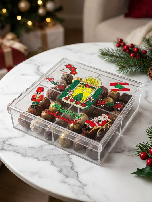 Acrylic Christmas chocolate box with Lebanese flag and arch window motifs for delivery in Lebanon