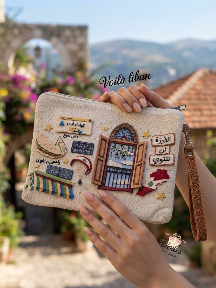 Handcrafted Lebanese heritage embroidered canvas pouch with wristlet strap