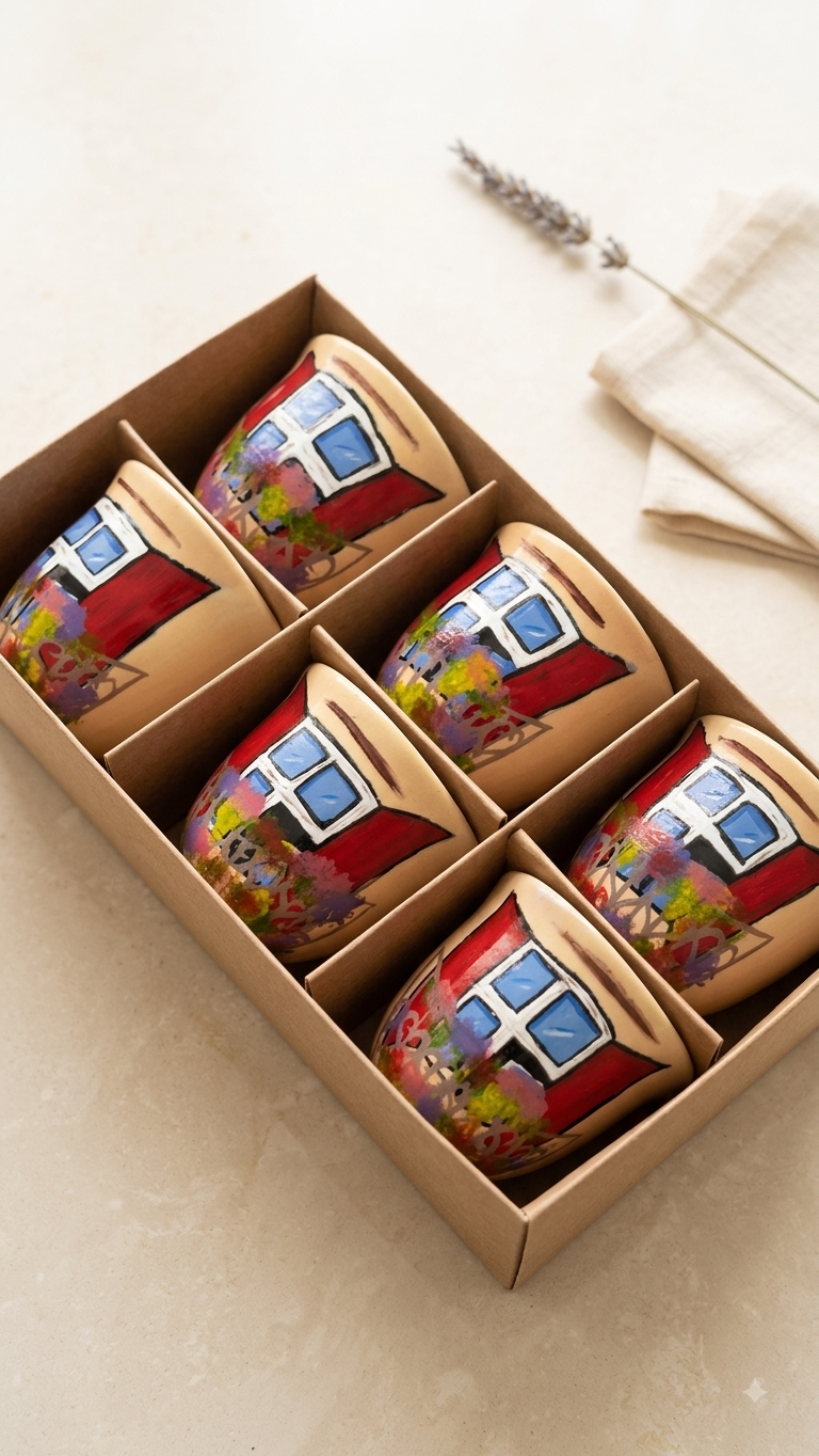 Set of six hand-painted ceramic coffee cups featuring traditional Lebanese houses in a gift box