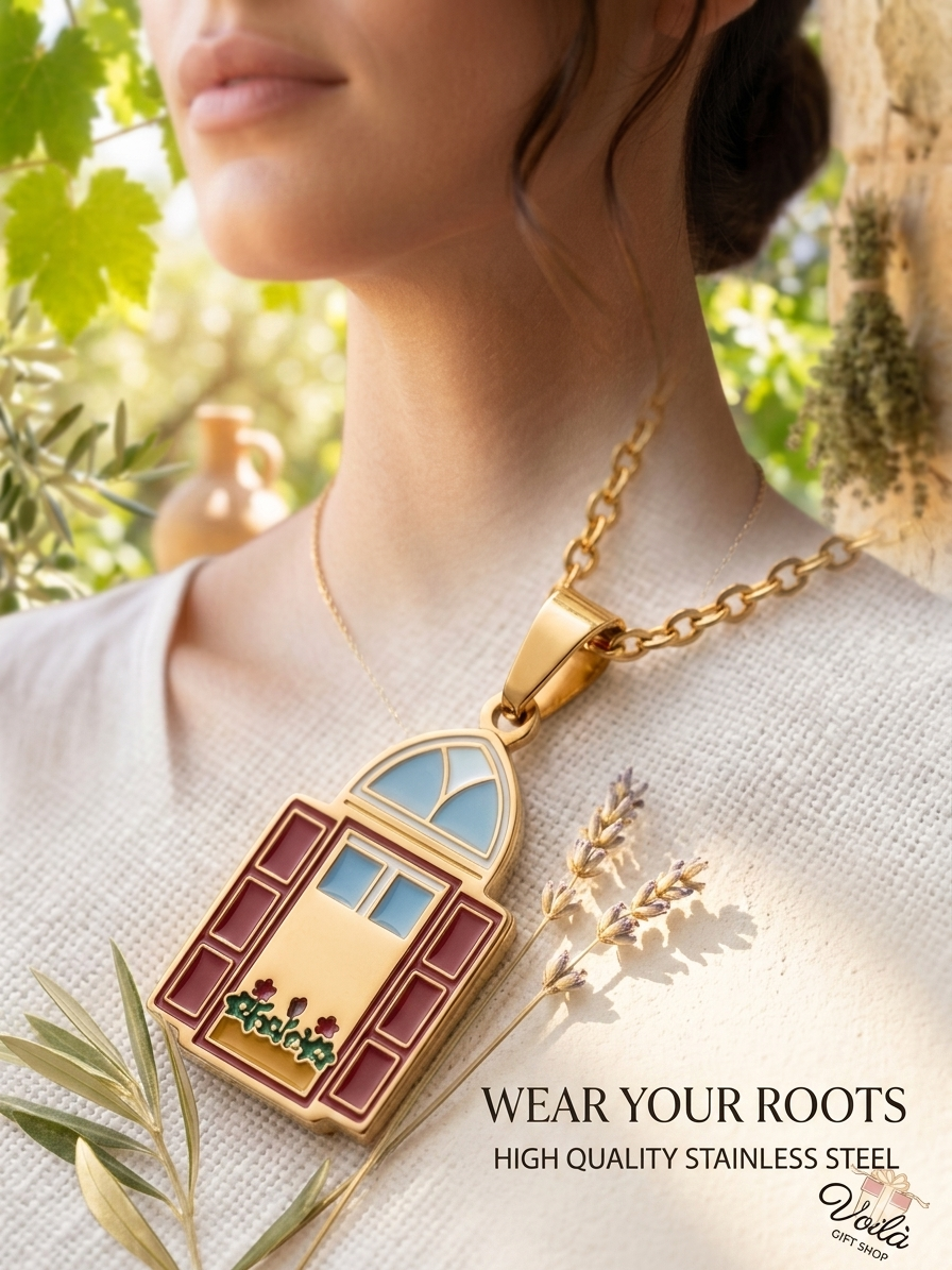 Traditional Lebanese window pendant necklace in gold stainless steel