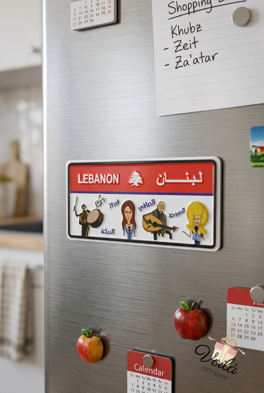Nostalgic Lebanese fridge magnet featuring Fairuz, Sabah, Wadih El Safi, and a Dabke dancer