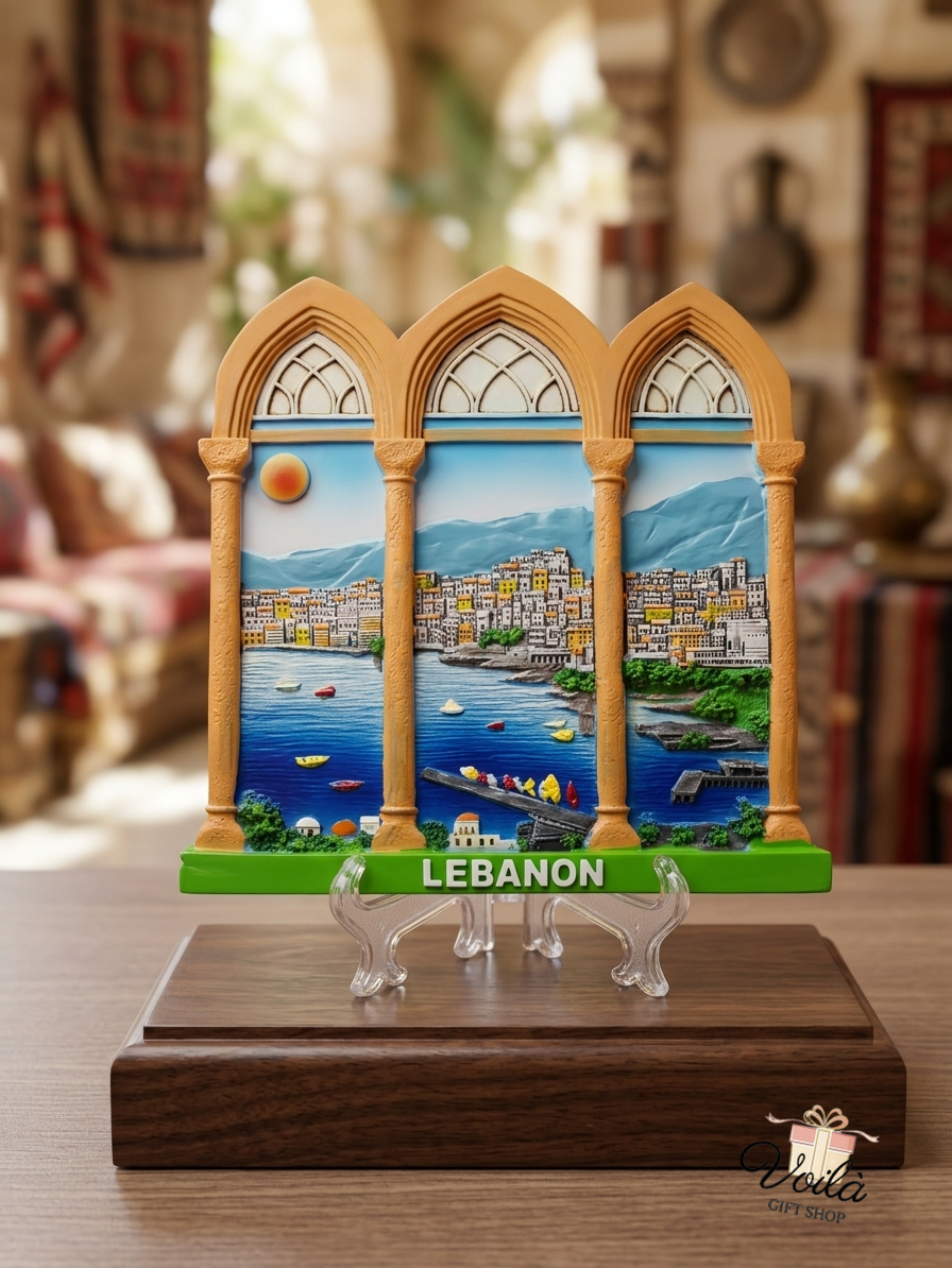 Traditional Lebanese triple arch Mandaloun 3D heritage display on a wooden base