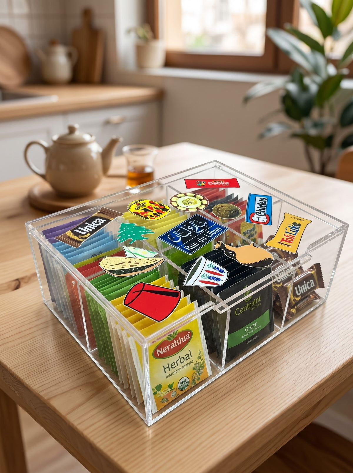 Lebanese nostalgia acrylic tea box organizer with cultural stickers