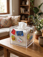 Lebanese nostalgia acrylic tissue box cover with Beirut street signs and vintage snack graphics