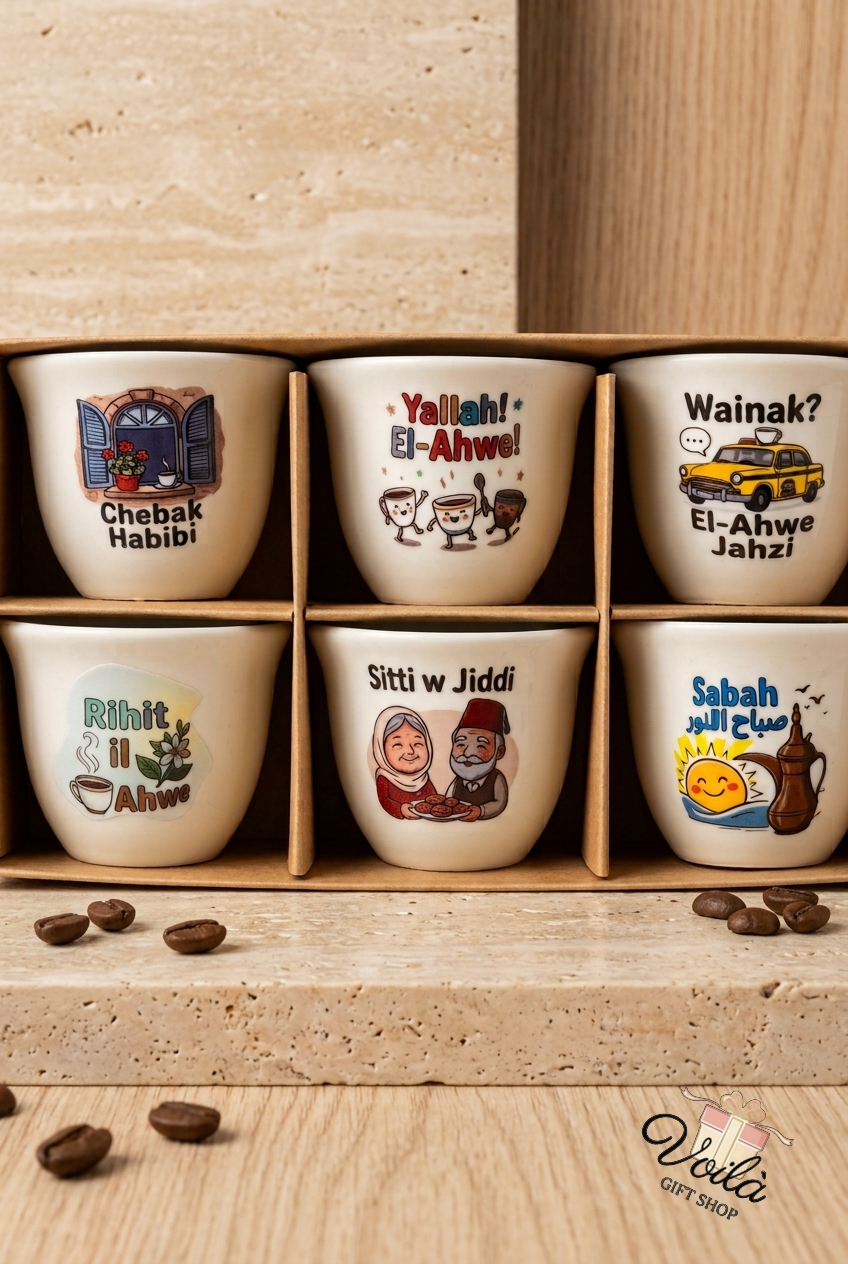 Set of six traditional Lebanese Arabic coffee cups with nostalgic illustrations and phrases in a gift box