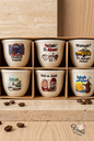 Set of six traditional Lebanese Arabic coffee cups with nostalgic illustrations and phrases in a gift box