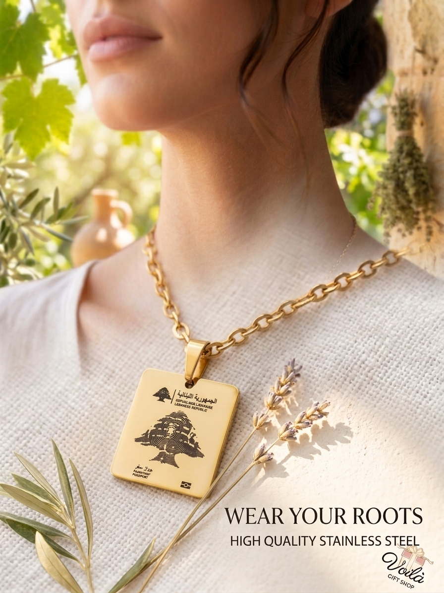 Gold-plated stainless steel Lebanese passport pendant necklace featuring the iconic cedar tree