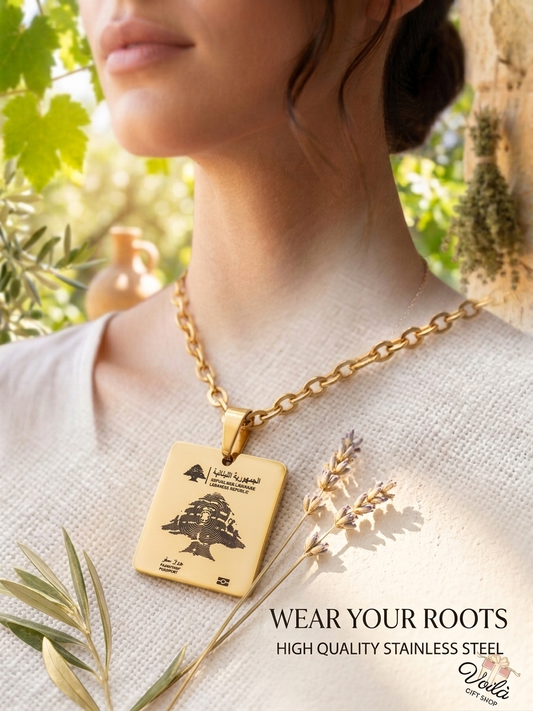 Gold-plated stainless steel Lebanese passport pendant necklace featuring the iconic cedar tree