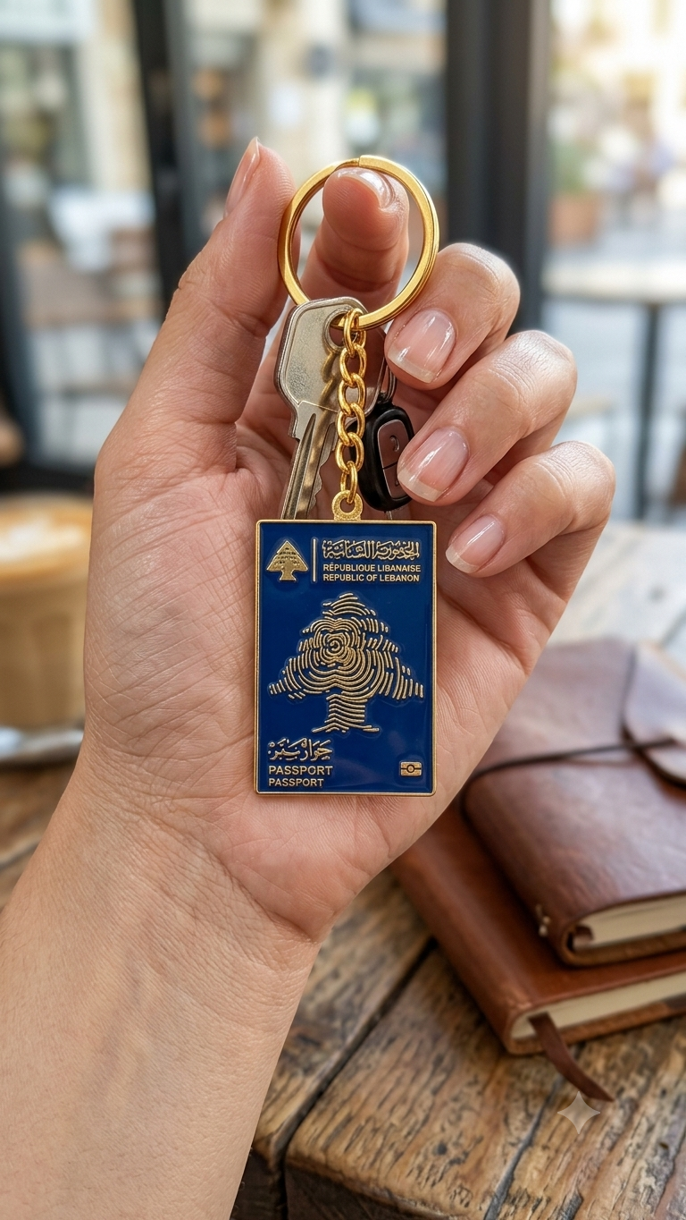 Premium blue and gold Lebanese passport replica keychain held in hand