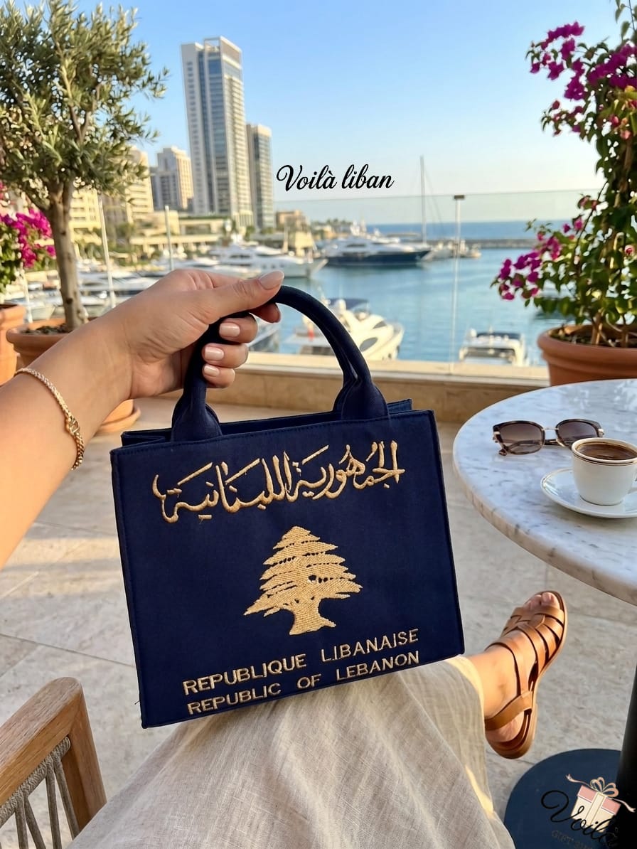 Woman holding a premium navy blue tote bag with gold embroidered Lebanese Republic cedar tree design, overlooking a scenic marina in Beirut.