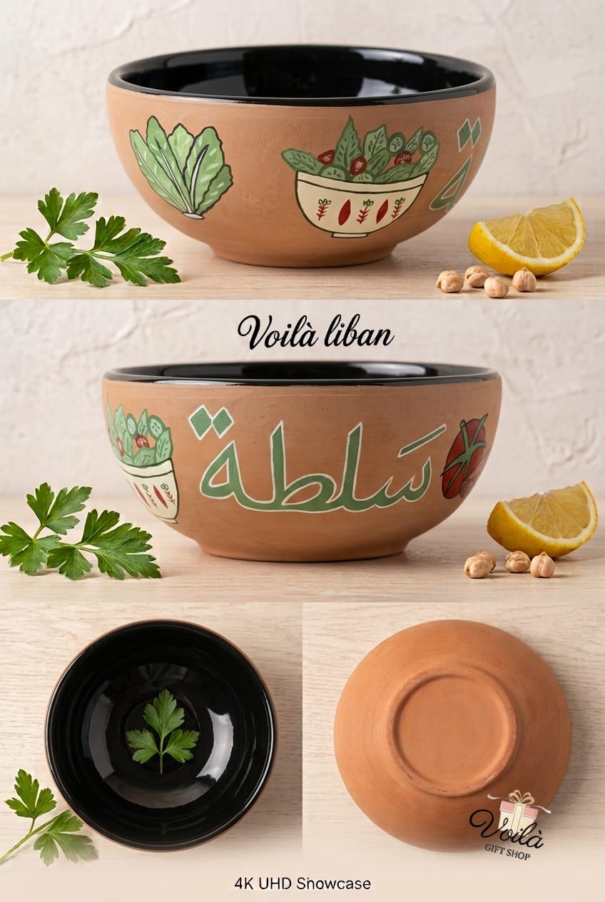 Hand-painted Lebanese terracotta salad bowl with Arabic calligraphy Salata