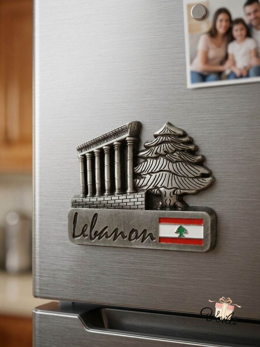 Vintage metallic Lebanon fridge magnet featuring the Cedar tree and Baalbek ruins on a refrigerator