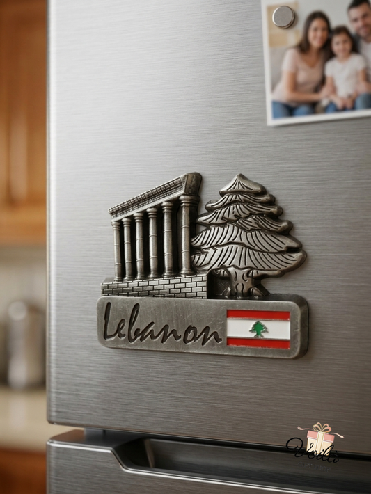 Vintage metallic Lebanon fridge magnet featuring the Cedar tree and Baalbek ruins on a refrigerator