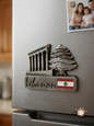 Vintage metallic Lebanon fridge magnet featuring the Cedar tree and Baalbek ruins on a refrigerator