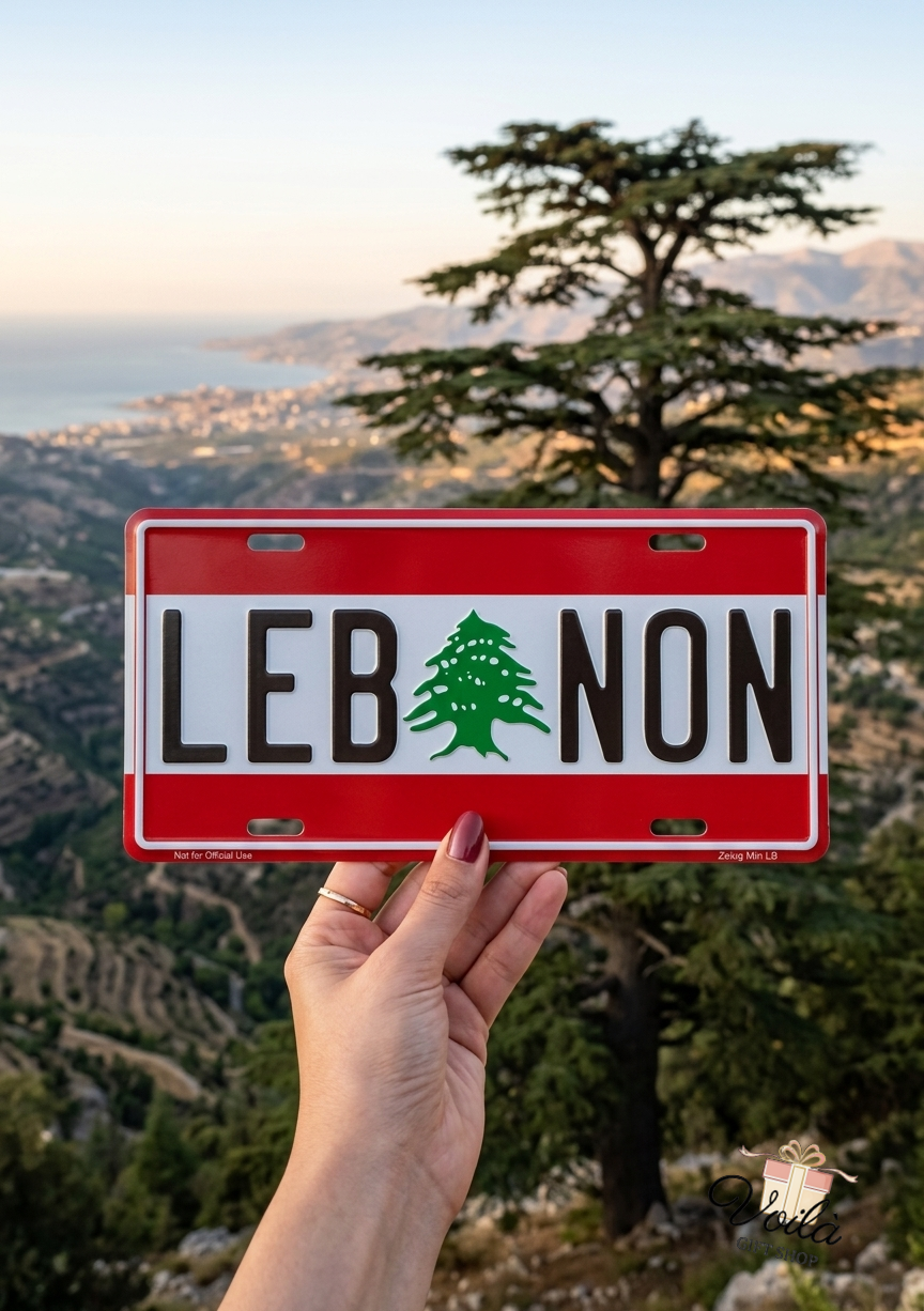 Embossed Lebanese license plate sign featuring the cedar tree with Lebanese mountains in the background