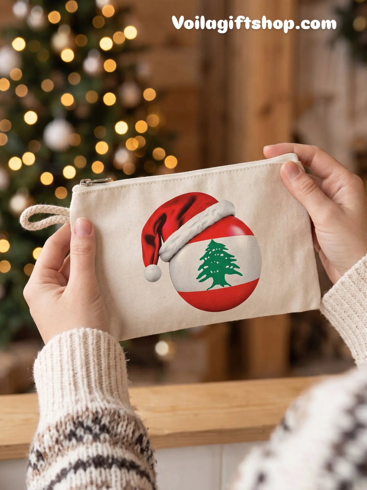Lebanese Christmas flag bauble canvas zipper pouch held in hands