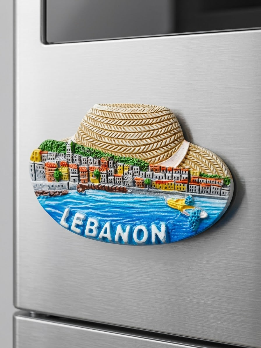 3D Lebanon fridge magnet featuring a traditional straw hat and coastal town