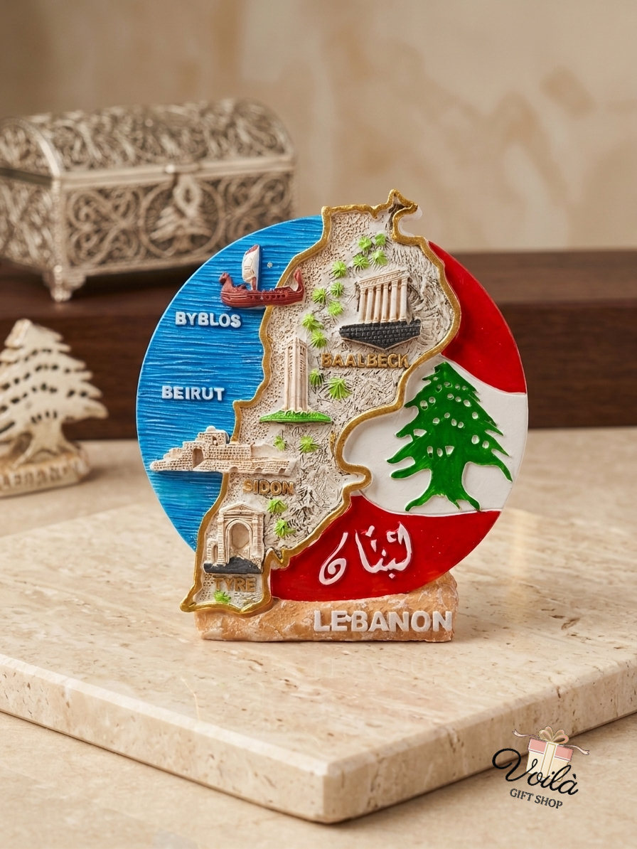 Hand-painted 3D Lebanon map plaque featuring historical landmarks and the Lebanese flag