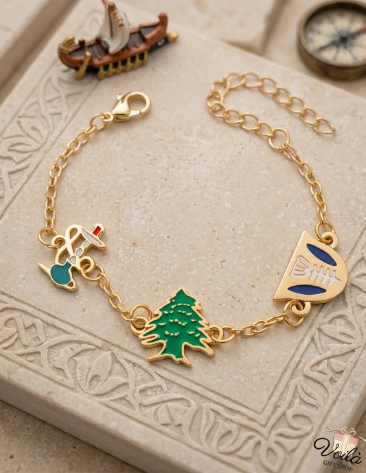 Gold Lebanese charm bracelet with cedar tree and coffee pot charms. Perfect heritage gift with delivery to Lebanon.