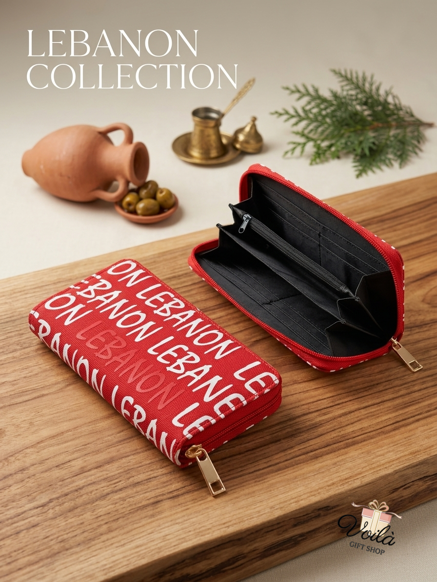 Lebanon Heritage Red Zip-Around Wallet showing interior compartments and exterior typographic design