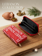 Lebanon Heritage Red Zip-Around Wallet showing interior compartments and exterior typographic design
