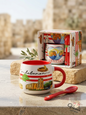 Lebanon heritage ceramic mug and spoon set with iconic landmarks illustration