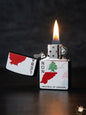 Lighter with a map design of Lebanon and a flame on a dark background