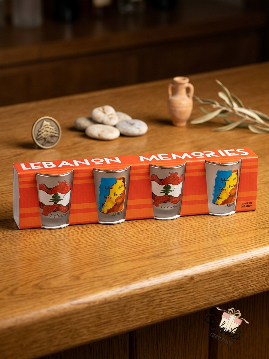 Lebanon Memories 4-piece shot glass set featuring the Lebanese flag and map
