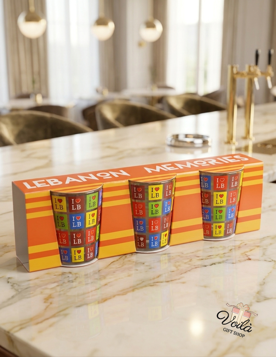 Lebanon Memories I Love LB Glass Set of 3 in gift box on a marble counter