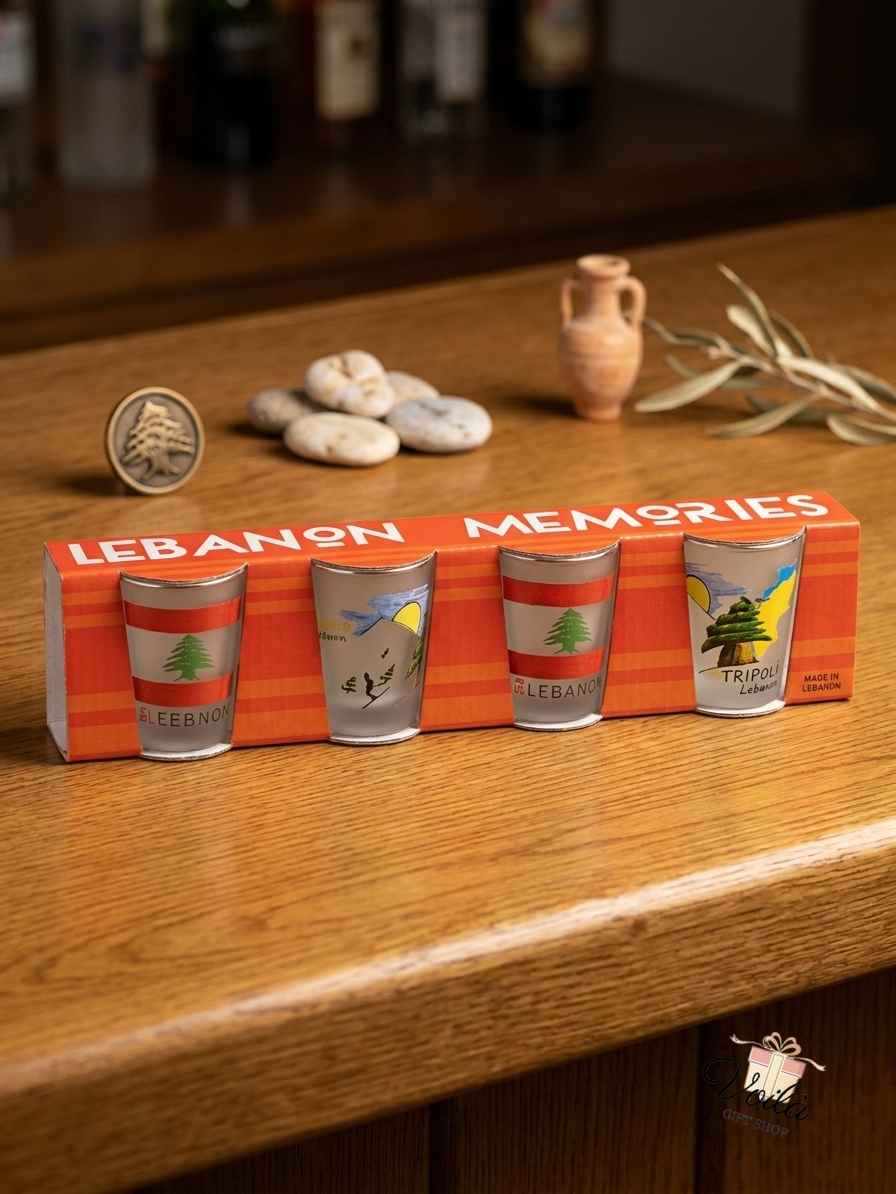 Set of four frosted Lebanon Memories shot glasses featuring Lebanese flag and heritage designs