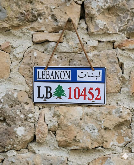 Lebanese license plate with 'LEBANON' and 'LB 10452' text on a stone wall background