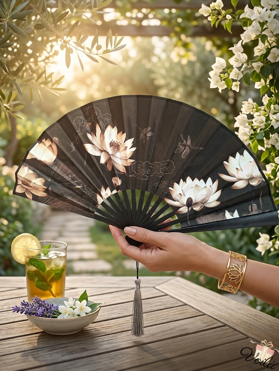 Elegant black silk hand fan with white lotus pattern held in a sunny garden setting