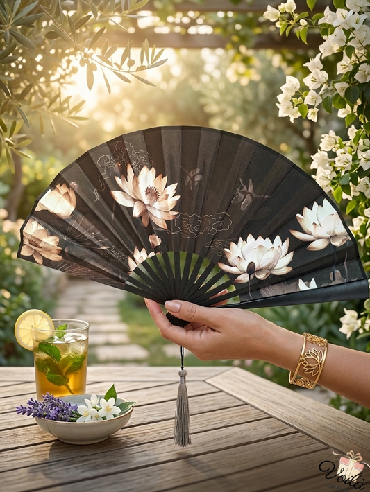 Elegant black silk hand fan with white lotus pattern held in a sunny garden setting