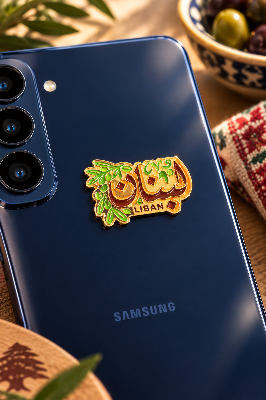 Gold enamel Lubnan Arabic calligraphy phone badge on blue smartphone