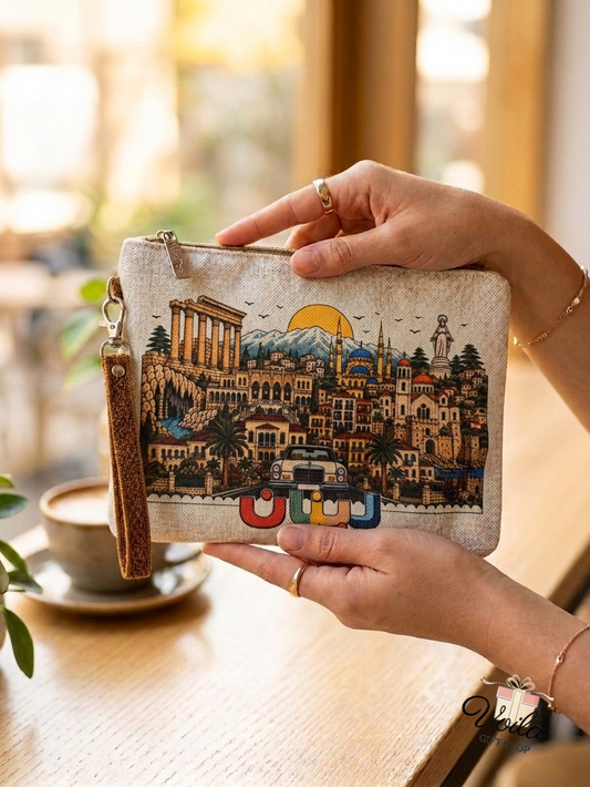A woman holding a linen clutch pouch illustrated with Lebanese landmarks and the Arabic word for Lebanon