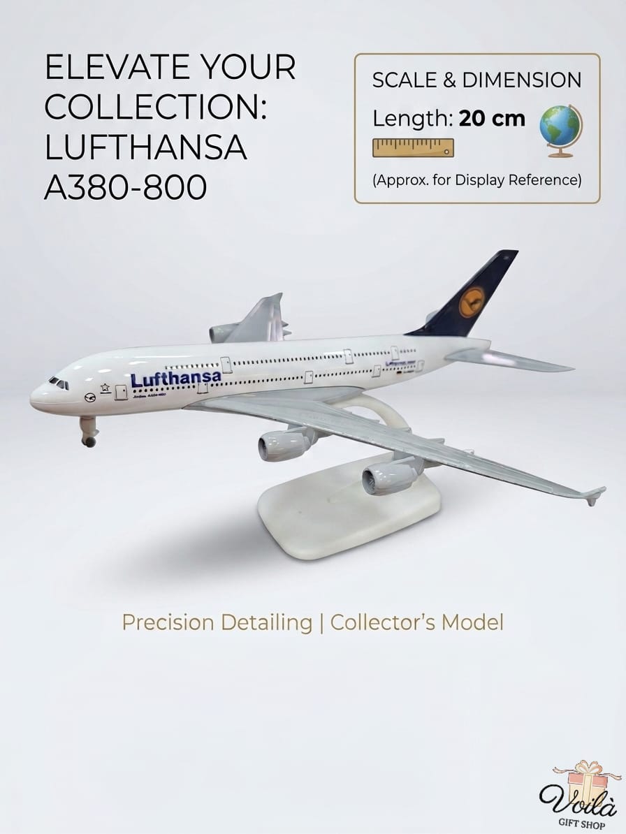 Model of a Lufthansa A380-800 airplane with scale and dimension details on a white background.