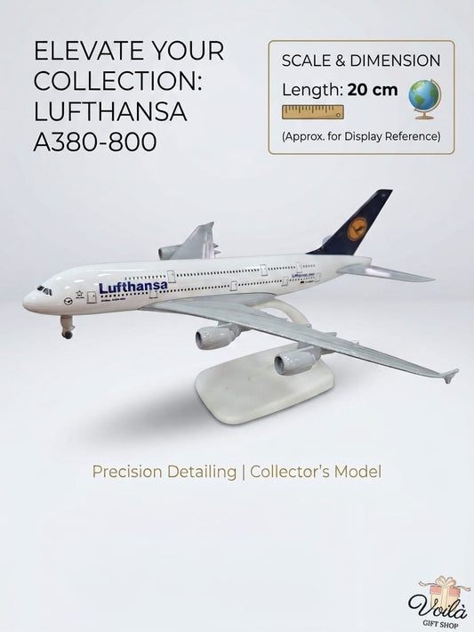 Model of a Lufthansa A380-800 airplane with scale and dimension details on a white background.