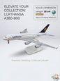 Model of a Lufthansa A380-800 airplane with scale and dimension details on a white background.
