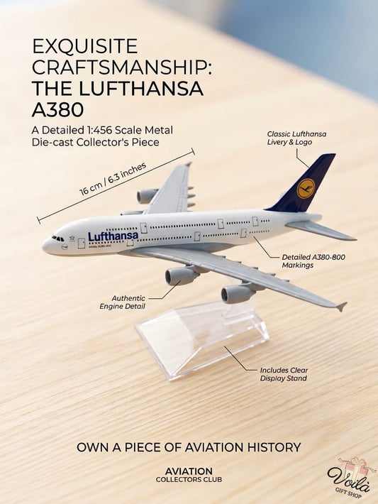Lufthansa A380 model airplane on a wooden surface with text highlighting features.